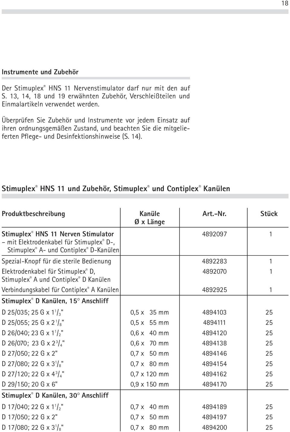 Stimuplex HNS 11 und Zubehör, Stimuplex und Contiplex Kanülen Produktbeschreibung Kanüle Art.-Nr.
