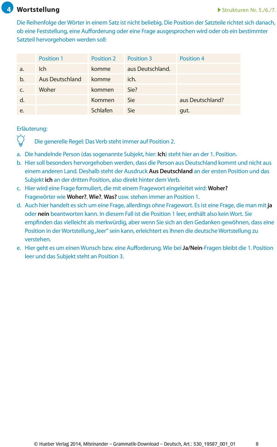 Position 2 Position 3 Position 4 a. Ich komme aus Deutschland. b. Aus Deutschland komme ich. c. Woher kommen Sie? d. Kommen Sie aus Deutschland? e. Schlafen Sie gut.