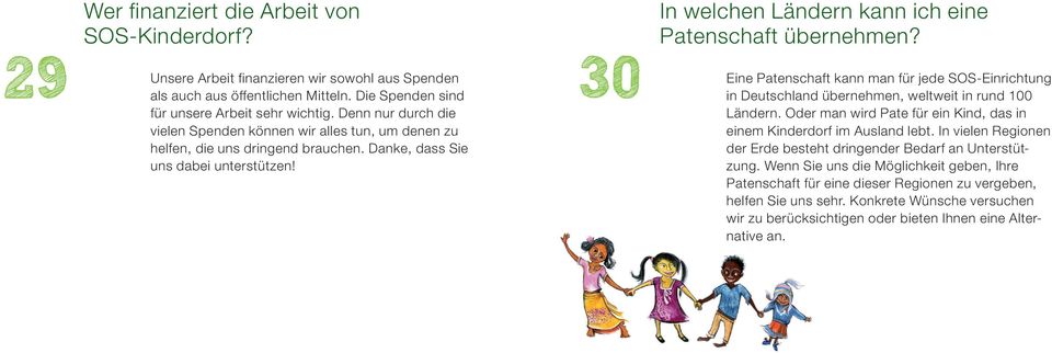 30 Eine In welchen Ländern kann ich eine Patenschaft übernehmen? Patenschaft kann man für jede SOS-Einrichtung in Deutschland übernehmen, weltweit in rund 100 Ländern.