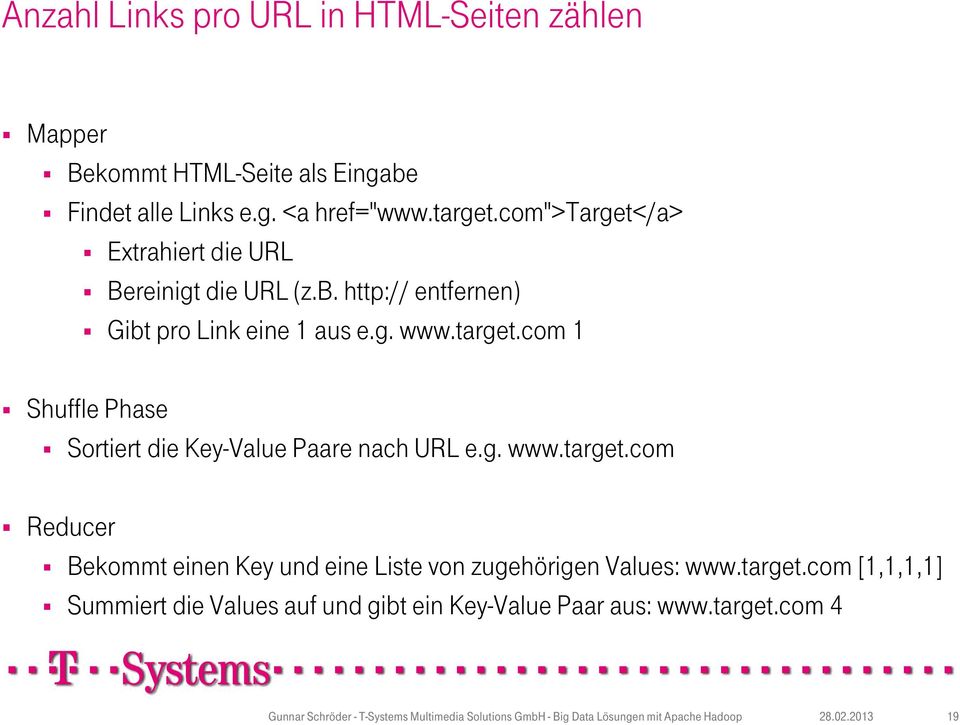 target.com 1 Shuffle Phase Sortiert die Key-Value Paare nach URL e.g. www.target.com Reducer Bekommt einen Key und eine Liste von zugehörigen Values: www.