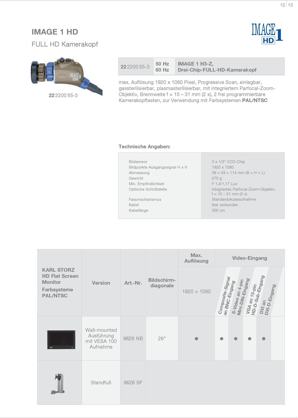 Kamerakopftasten, zur Verwendung mit Farbsystemen PAL/NTSC Technische Angaben: Bildsensor Bildpunkte Ausgangssignal H x V Abmessung Gewicht Min.