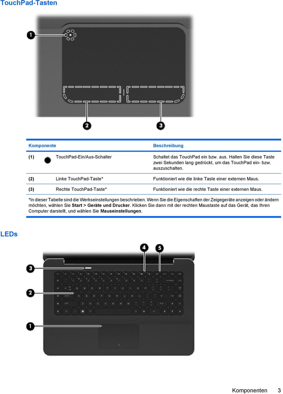(2) Linke TouchPad-Taste* Funktioniert wie die linke Taste einer externen Maus. (3) Rechte TouchPad-Taste* Funktioniert wie die rechte Taste einer externen Maus.