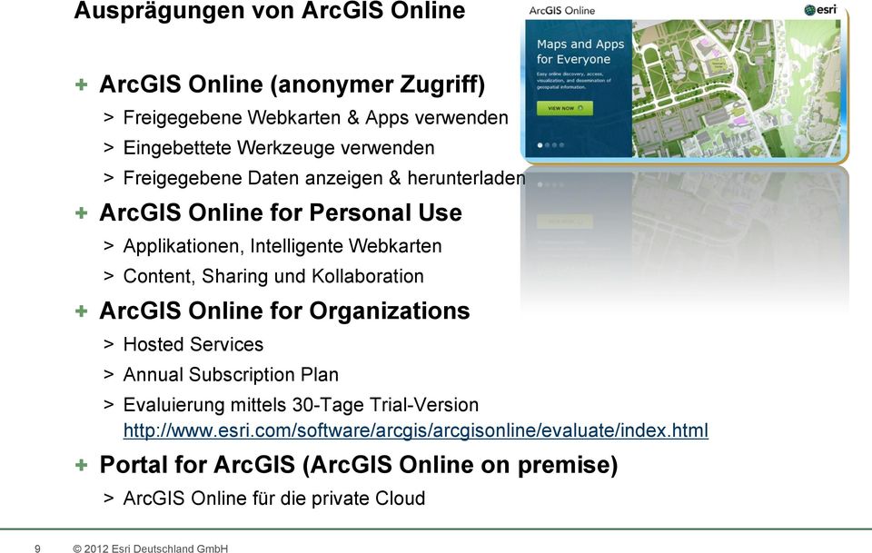 Kollaboration + ArcGIS Online for Organizations > Hosted Services > Annual Subscription Plan > Evaluierung mittels 30-Tage Trial-Version