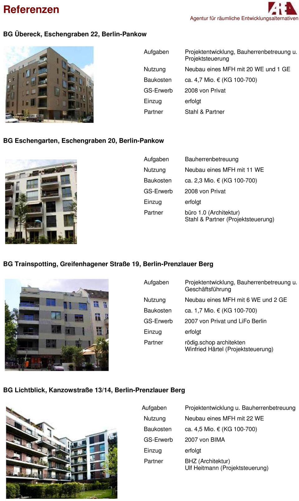 (KG 100-700) GS-Erwerb 2008 von Privat Partner büro 1.0 (Architektur) Stahl & Partner (Projektsteuerung) BG Trainspotting, Greifenhagener Straße 19, Berlin-Prenzlauer Berg Projektentwicklung, u.