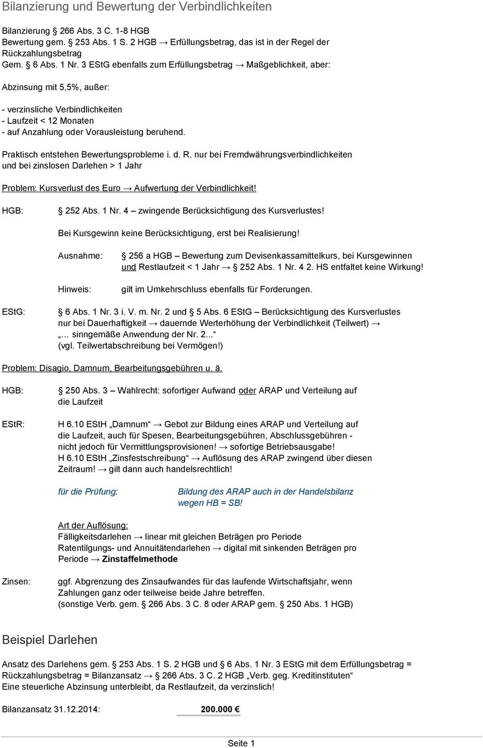 Praktisch entstehen Bewertungsprobleme i. d. R. nur bei Fremdwährungsverbindlichkeiten und bei zinslosen Darlehen > Jahr Problem: Kursverlust des Euro Aufwertung der Verbindlichkeit! HGB: 252 Abs. Nr.