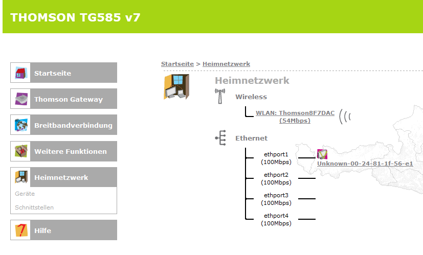 2. Übersicht WLAN: Unten auf der Startseite im Bereich Heimnetzwerk können Sie durch Klick auf WLAN: Thomsonxxxxxx auf einen Blick den Status und die Verschlüsselung Ihrer WLAN- Verbindung abrufen.