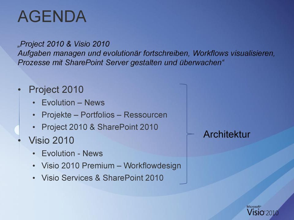2010 Evolution News Projekte Portfolios Ressourcen Project 2010 & SharePoint 2010 Visio