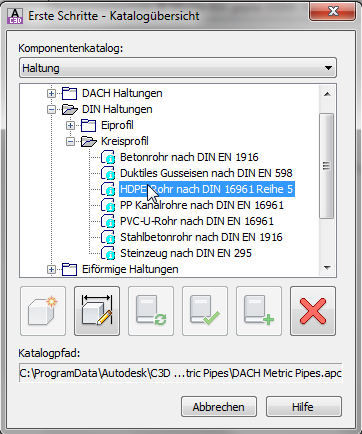 Hinweis auf Komponten-Builder (Haltung): Ist ein Haltungsdurchmesser nicht in der Auswahl, so kann dieser erstellt werden. Civil 3D bietet dazu den Komponenten-Builder (Start, Entwurf erstellen).