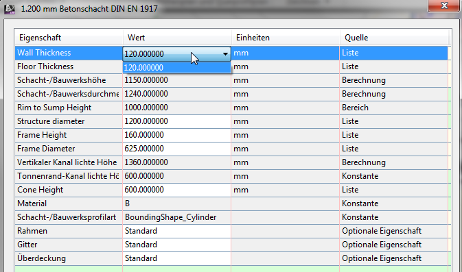 Die Eigenschaften können nachträglich bearbeitet werden. Hinweis: Innerhalb einer Kanalschulung wurde diskutiert, dass es eine Änderung der DIN für Betonschächte gegeben hat.