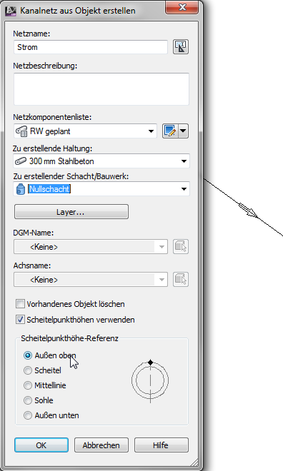 Einstellungs- und Auswahlmaske für die Umwandlung von 3D- Linienelementen in Leitungen oder Kanalisation.