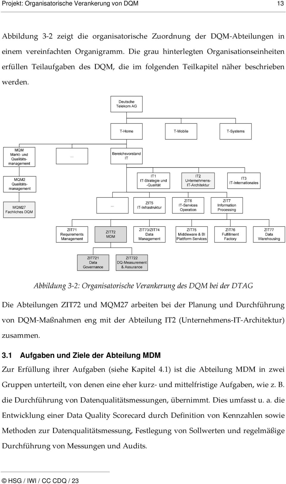 Abbildung 3 2: Organisatorische Verankerung des DQM bei der DTAG Die Abteilungen ZIT72 und MQM27 arbeiten bei der Planung und Durchführung von DQM Maßnahmen eng mit der Abteilung IT2 (Unternehmens IT