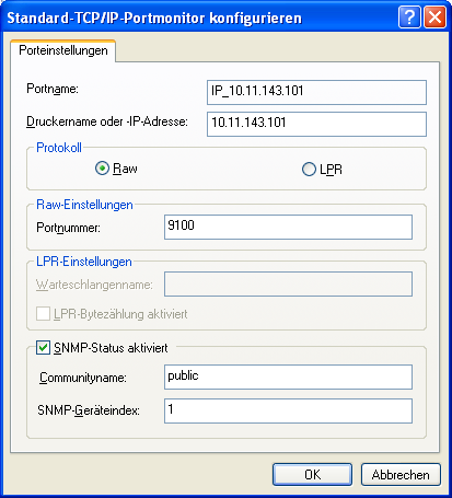 WINDOWS 28 11 Öffnen Sie im Fenster Eigenschaften die Registerkarte Anschlüsse und klicken Sie auf Konfigurieren. Das Fenster Standard-TCP/IP-Portmonitor konfigurieren wird angezeigt.