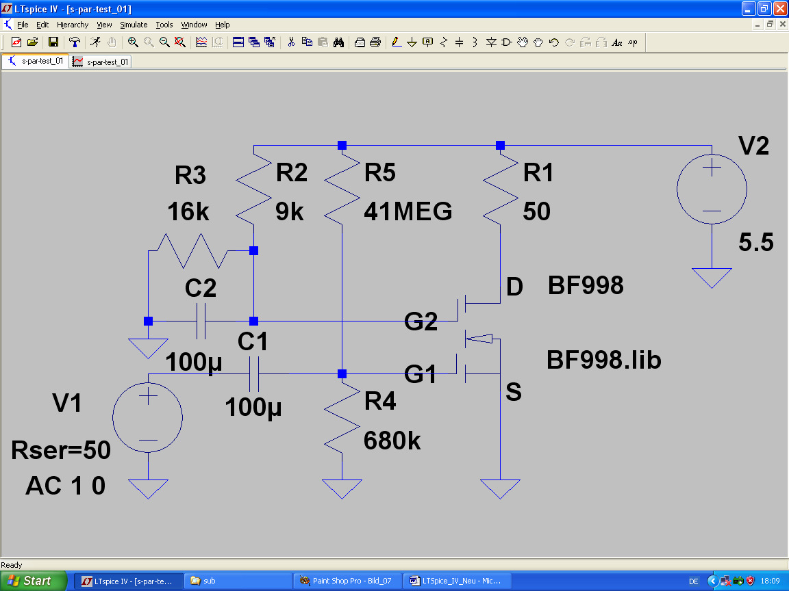 3.2. SPICE-Simulation der S-Parameter bei einem Drainstrom von 10mA 3.2.1. Arbeitspunkteinstellung Im Internet finden sich nur die S-Parameter für einen Drainstrom von 5mA und 10mA.