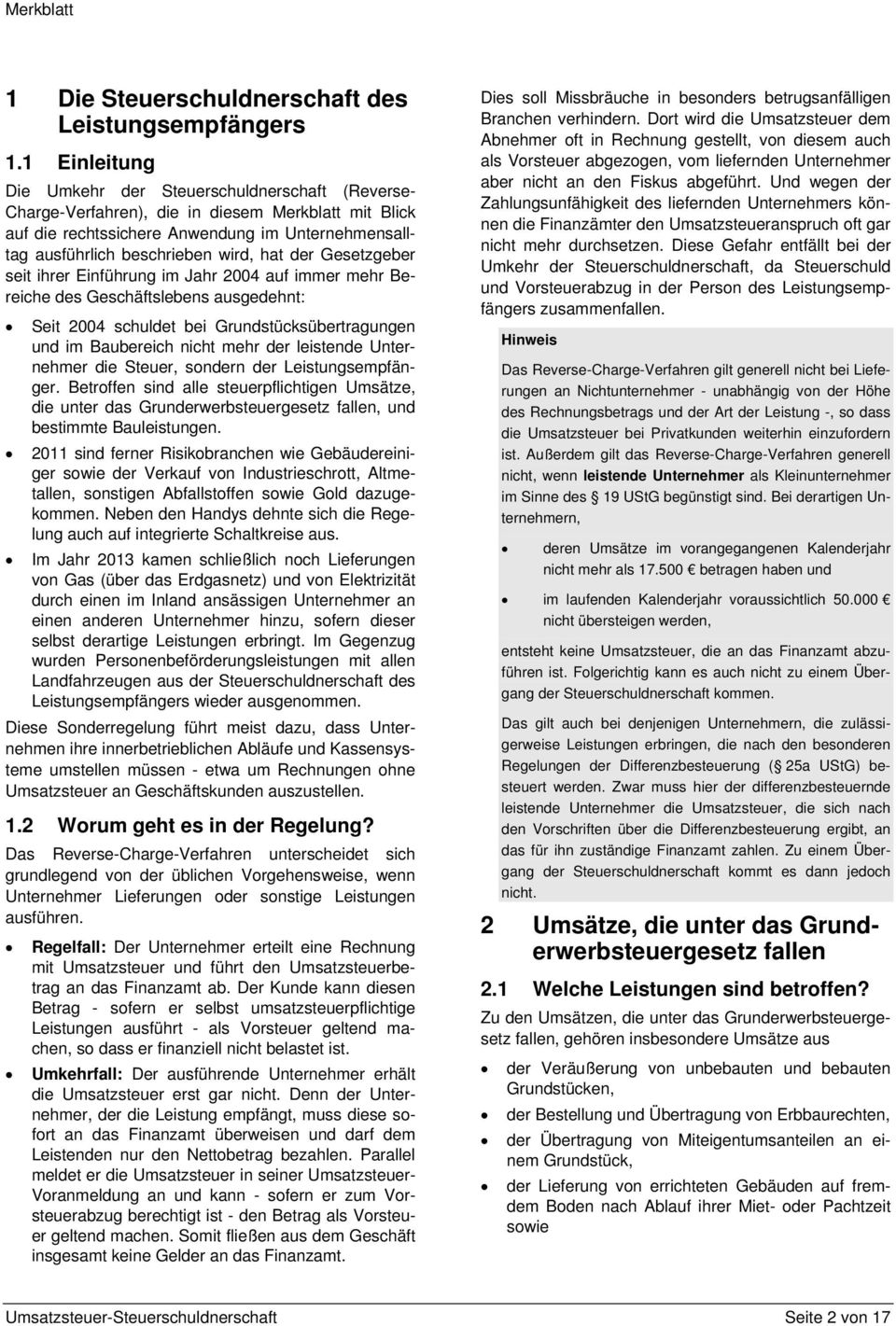 Merkblätter Merkblatt Umsatzsteuer Steuerschuldnerschaft Inhalt
