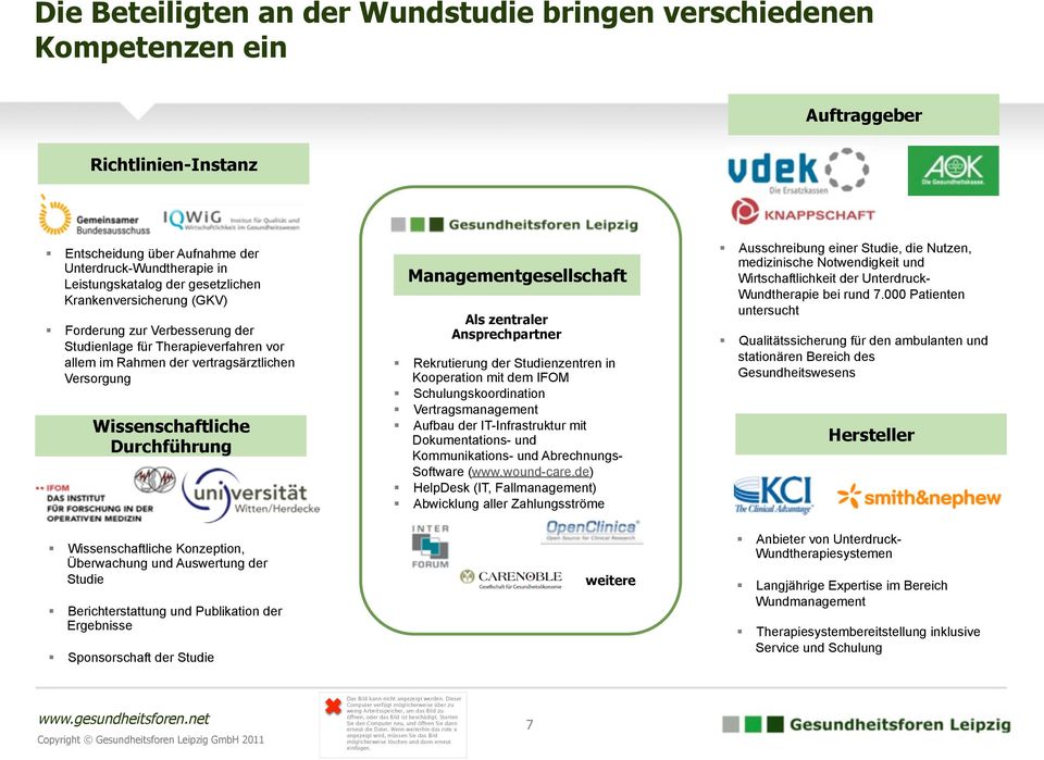 Als zentraler Ansprechpartner Rekrutierung der Studienzentren in Kooperation mit dem IFOM Schulungskoordination Vertragsmanagement Aufbau der IT-Infrastruktur mit Dokumentations- und Kommunikations-