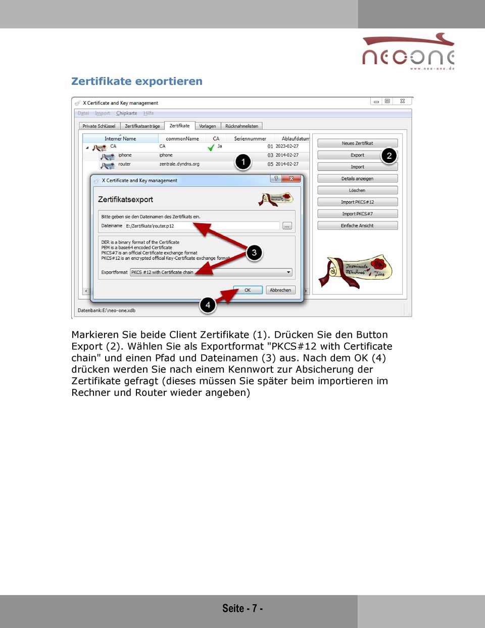 Wählen Sie als Exportformat "PKCS#12 with Certificate chain" und einen Pfad und Dateinamen (3)
