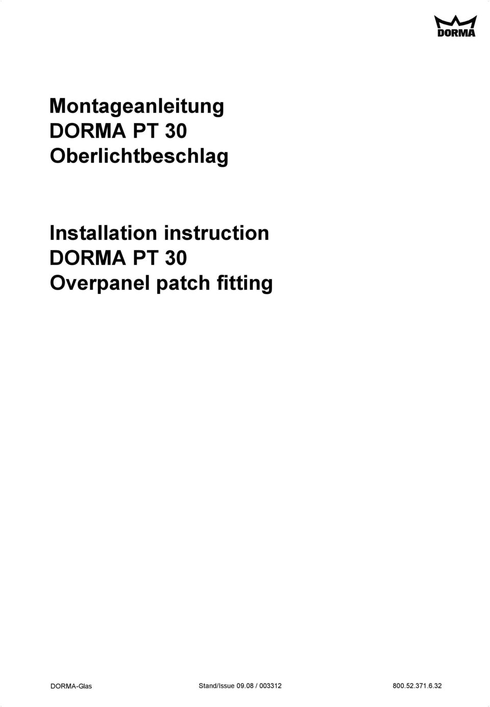 instruction DORMA PT 30 Overpanel