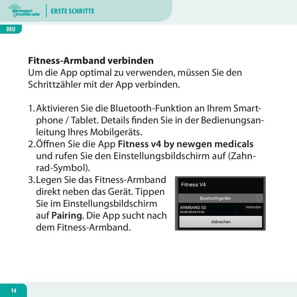 2. Öffnen Sie die App Fitness v4 by newgen medicals und rufen Sie den Einstellungsbildschirm auf (Zahnrad-Symbol). 3.