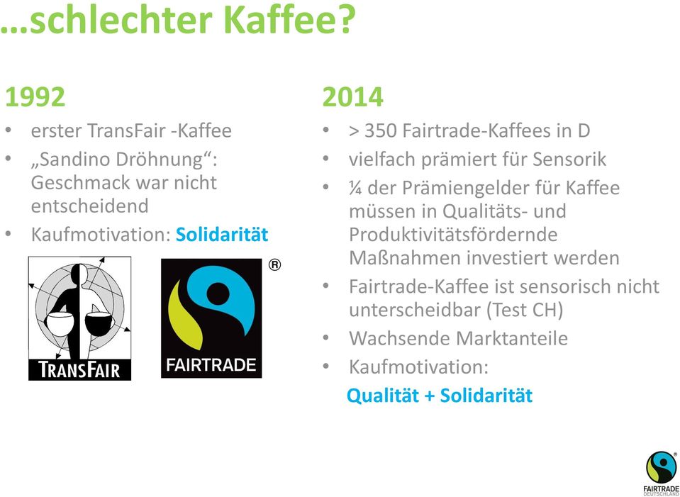 Solidarität 2014 > 350 Fairtrade-Kaffees in D vielfach prämiert für Sensorik ¼ der Prämiengelder für