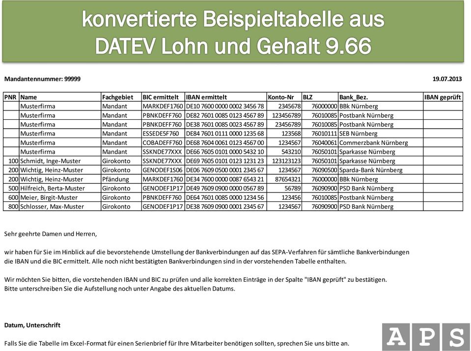 Musterfirma Mandant PBNKDEFF760 DE38 7601 0085 0023 4567 89 23456789 76010085 Postbank Nürnberg Musterfirma Mandant ESSEDE5F760 DE84 7601 0111 0000 1235 68 123568 76010111 SEB Nürnberg Musterfirma