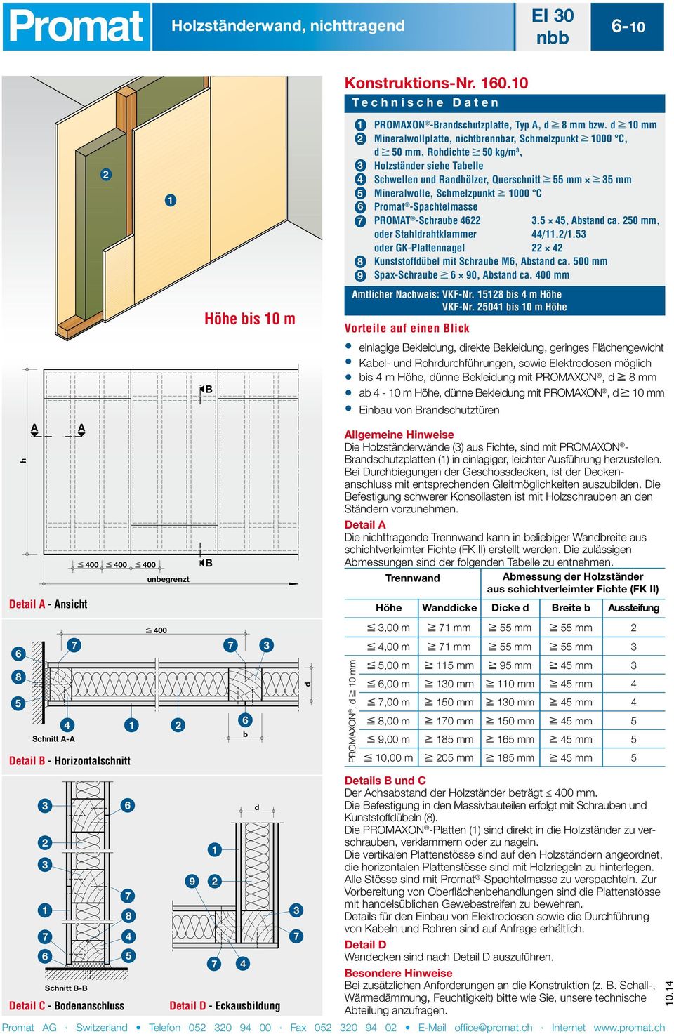 0 h A A - Ansicht Schnitt A-A 00 00 00 unbegrenzt 00 Detail B - Horizontalschnitt Schnitt B-B Detail C - Bodenanschluss Höhe bis 0 m B B b d - Eckausbildung d PROMAXON -Brandschutzplatte, Typ A, d mm