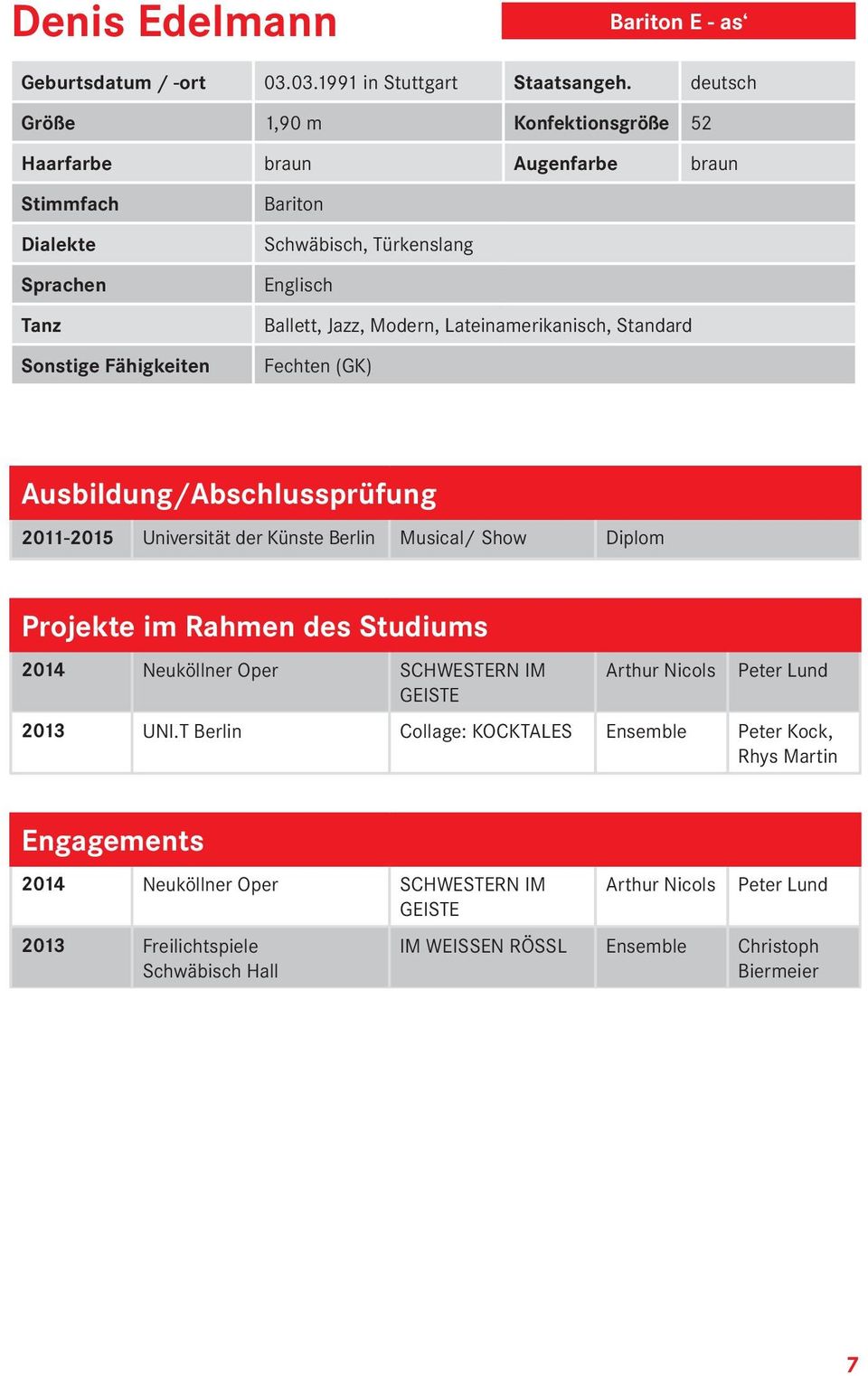 Modern, Lateinamerikanisch, Standard Fechten (GK) Ausbildung/Abschlussprüfung 2011-2015 Universität der Künste Berlin Musical/ Show Diplom Projekte im Rahmen des Studiums 2014