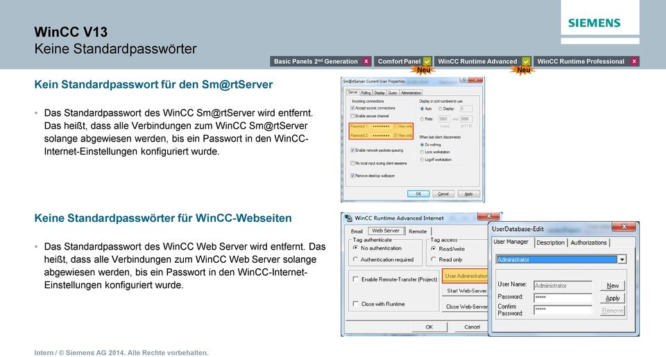 Das heißt, dass alle Verbindungen zum WinCC Sm@rtServer solange abgewiesen werden, bis ein Passwort in den WinCC- Internet-Einstellungen konfiguriert wurde.