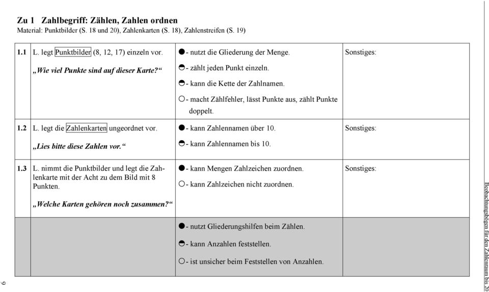 legt die Zahlenkarten ungeordnet vor. - kann Zahlennamen über 10. Lies bitte diese Zahlen vor. - kann Zahlennamen bis 10. 9 1.3 L.