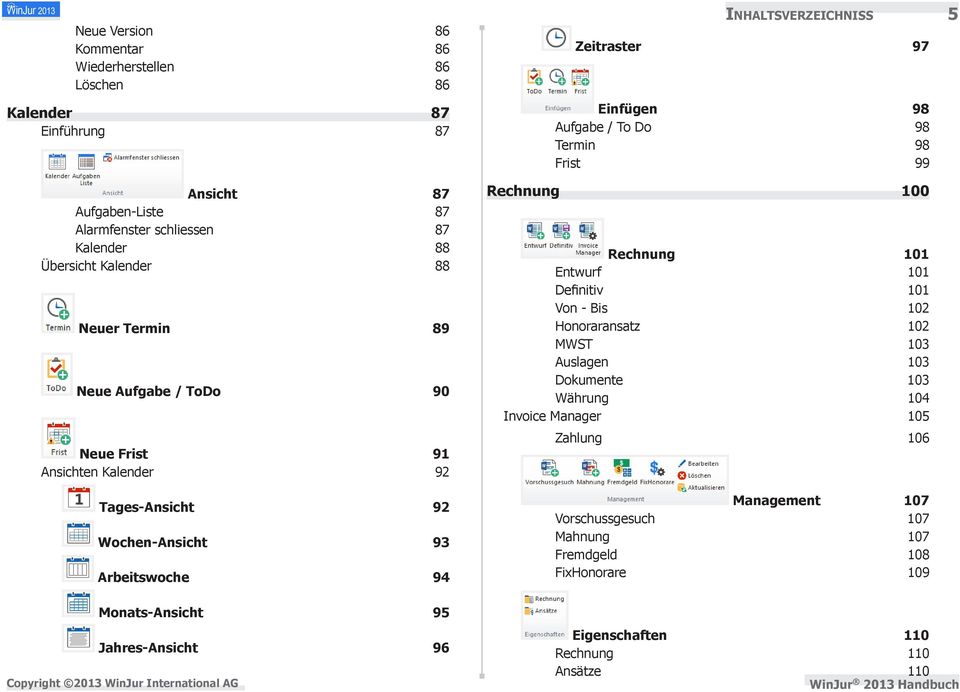 Inhaltsverzeichniss 5 Zeitraster 97 Einfügen 98 Aufgabe / To Do 98 Termin 98 Frist 99 Rechnung 100 Rechnung 101 Entwurf 101 Definitiv 101 Von - Bis 102 Honoraransatz 102 MWST