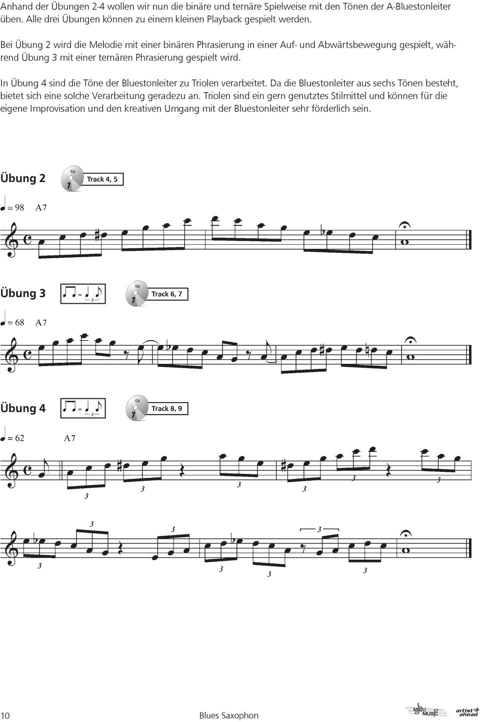In Übung 4 sind die Töne der Bluestonleiter zu Triolen verarbeitet. Da die Bluestonleiter aus sechs Tönen besteht, bietet sich eine solche Verarbeitung geradezu an.