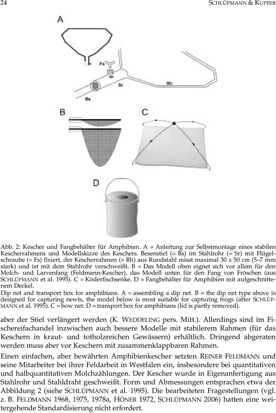 B = Das Modell oben eignet sich vor allem für den Molch- und Larvenfang (Feldmann-Kescher), das Modell unten für den Fang von Fröschen (aus SCHLÜPMANN et al. 1995). C = Köderfischsenke.