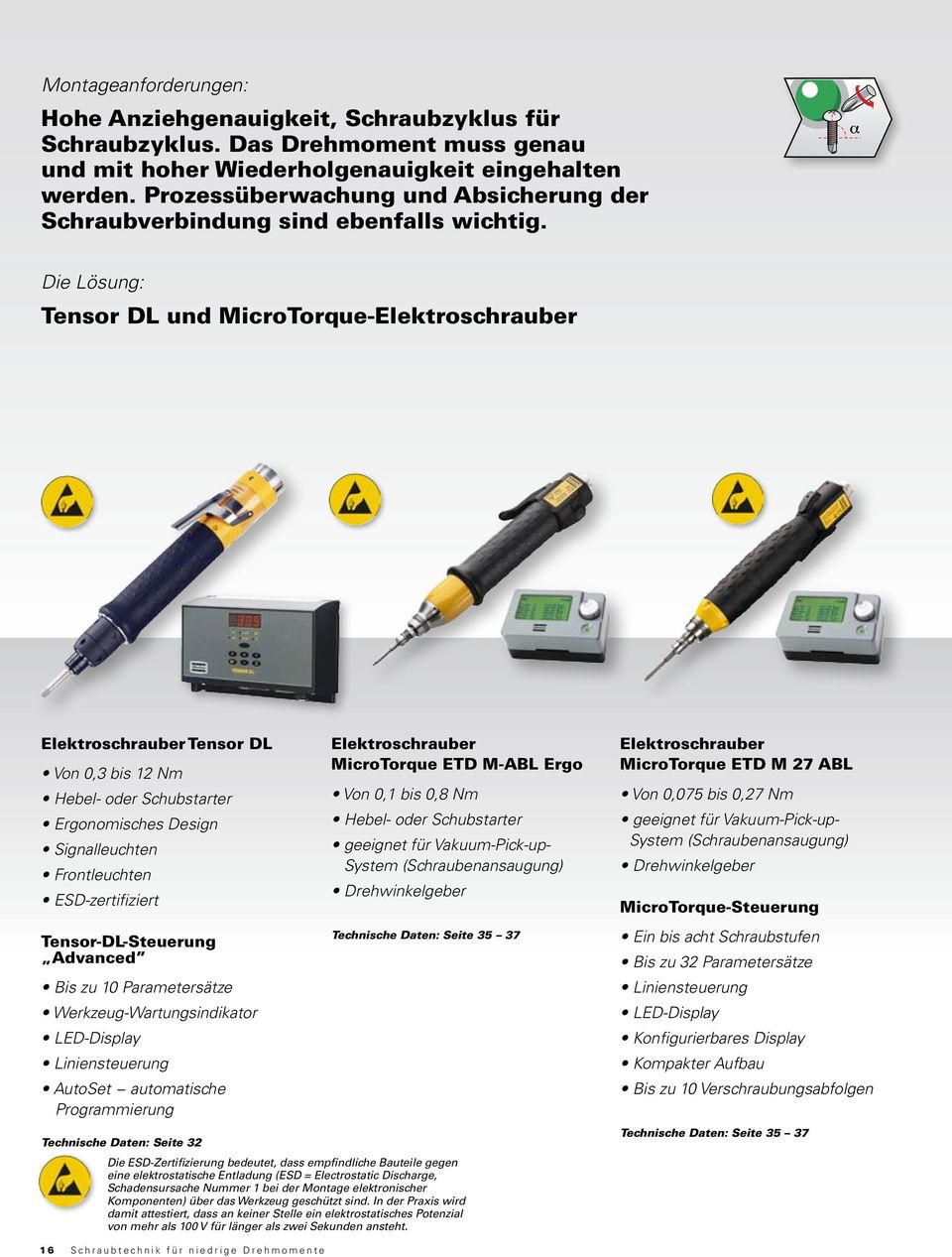Die Lösung: Tensor DL und MicroTorque-Elektroschrauber Elektroschrauber Tensor DL Von 0,3 bis 12 Nm Hebel- oder Schubstarter Ergonomisches Design Signalleuchten Frontleuchten ESD-zertifiziert