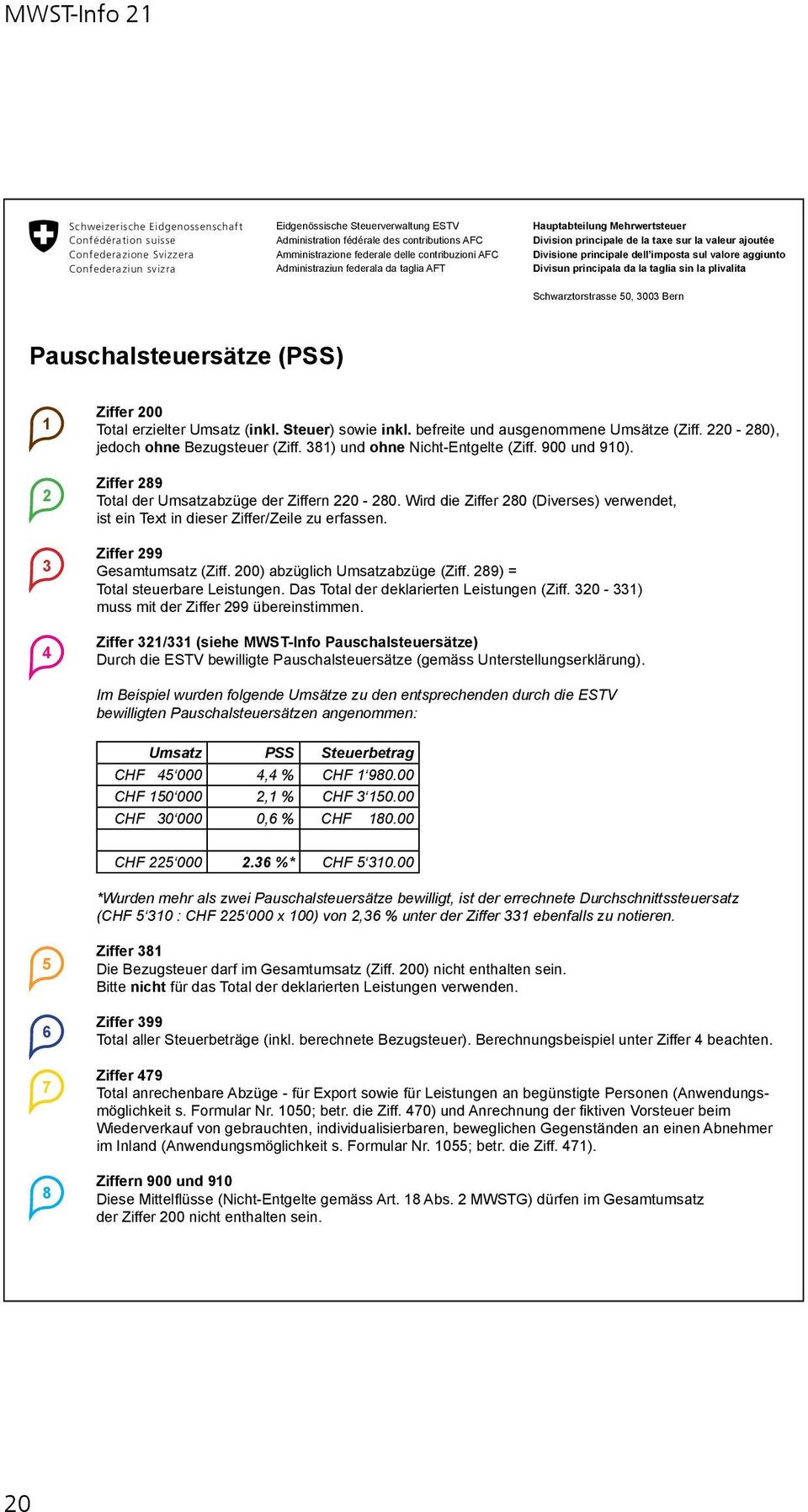 imposta sul valore aggiunto Divisun principala da la taglia sin la plivalita Schwarztorstrasse 50, 3003 Bern Pauschalsteuersätze (PSS) 1 2 3 4 Ziffer 200 Total erzielter Umsatz (inkl.
