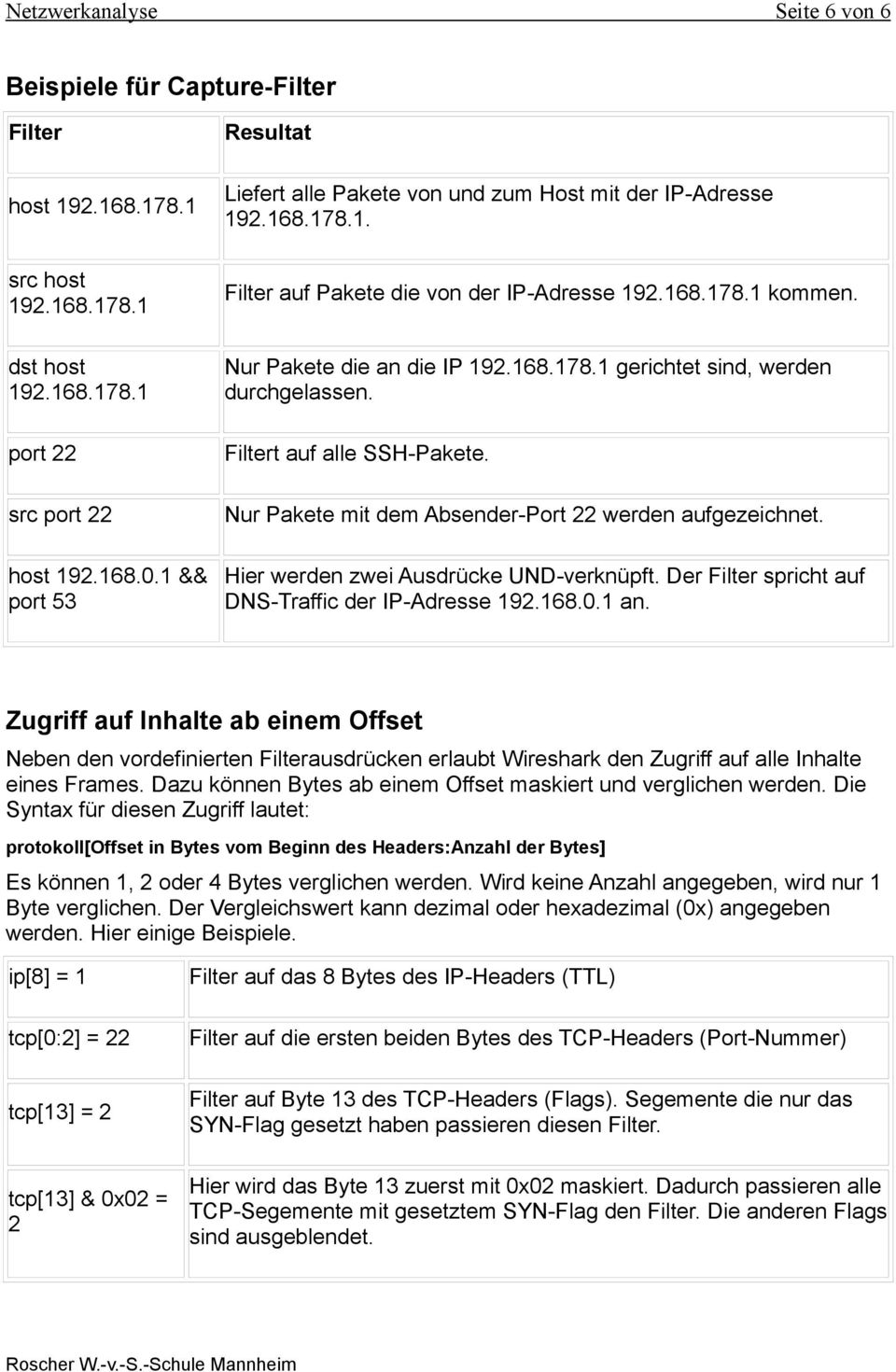 Filtert auf alle SSH-Pakete. Nur Pakete mit dem Absender-Port 22 werden aufgezeichnet. Hier werden zwei Ausdrücke UND-verknüpft. Der Filter spricht auf DNS-Traffic der IP-Adresse 192.168.0.1 an.