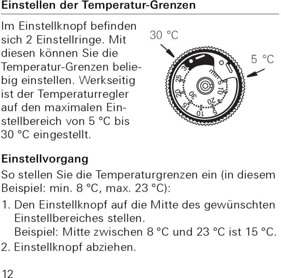 Werkseitig ist der Temperaturregler auf den maximalen Einstellbereich von 5 C bis 30 C eingestellt.