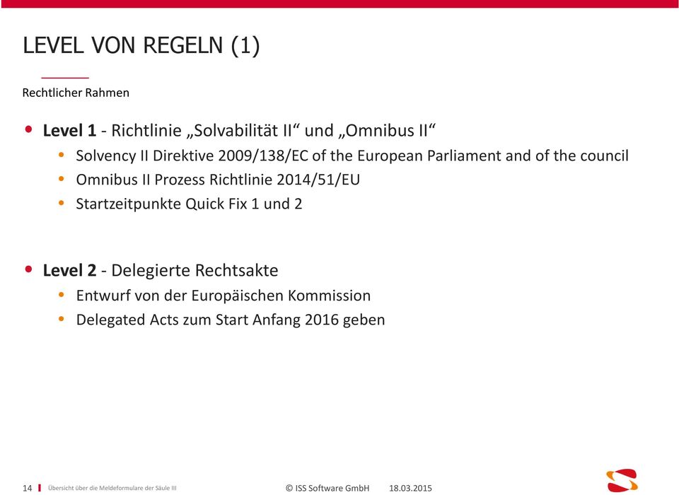 Prozess Richtlinie 2014/51/EU Startzeitpunkte Quick Fix 1 und 2 Level 2 - Delegierte