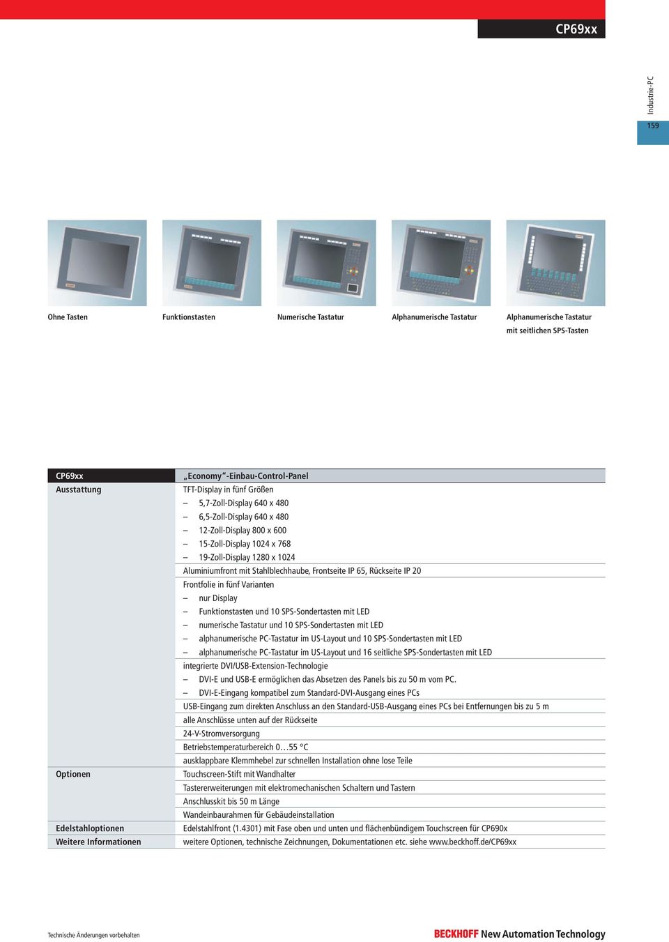65, Rückseite IP 20 Frontfolie in fünf Varianten nur Display Funktionstasten und 10 SPS-Sondertasten mit LED numerische Tastatur und 10 SPS-Sondertasten mit LED alphanumerische PC-Tastatur im