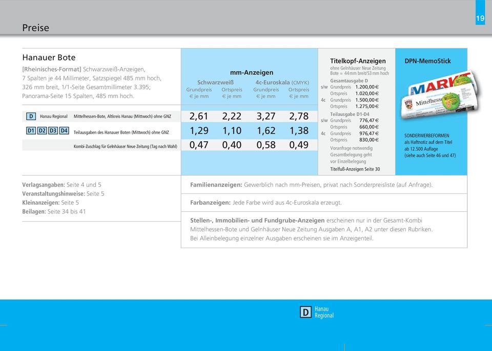 D Hanau Regional D1 D2 D3 D4 Mittelhessen-Bote, Altkreis Hanau (Mittwoch) ohne GNZ Teilausgaben des Hanauer Boten (Mittwoch) ohne GNZ Kombi-Zuschlag für Gelnhäuser Neue Zeitung (Tag nach Wahl)