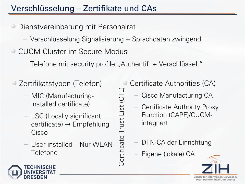Empfehlung Cisco User installed Nur WLANTelefone Certificate Trust List (CTL) Telefone mit security profile Authentif. + Verschlüssel.