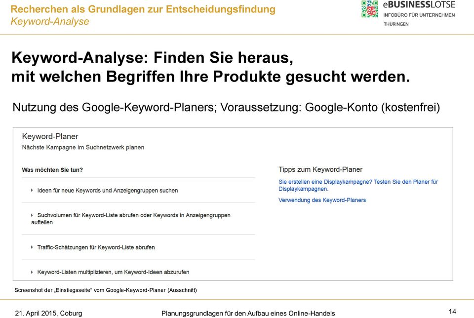 Nutzung des Google-Keyword-Planers; Voraussetzung: Google-Konto (kostenfrei) Screenshot