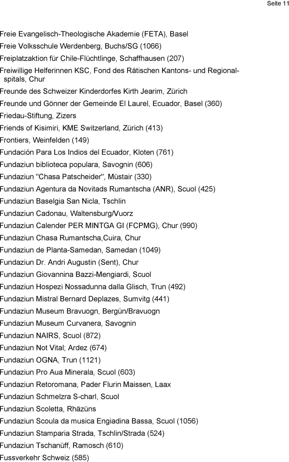 Friends of Kisimiri, KME Switzerland, Zürich (413) Frontiers, Weinfelden (149) Fundación Para Los Indios del Ecuador, Kloten (761) Fundaziun biblioteca populara, Savognin (606) Fundaziun "Chasa