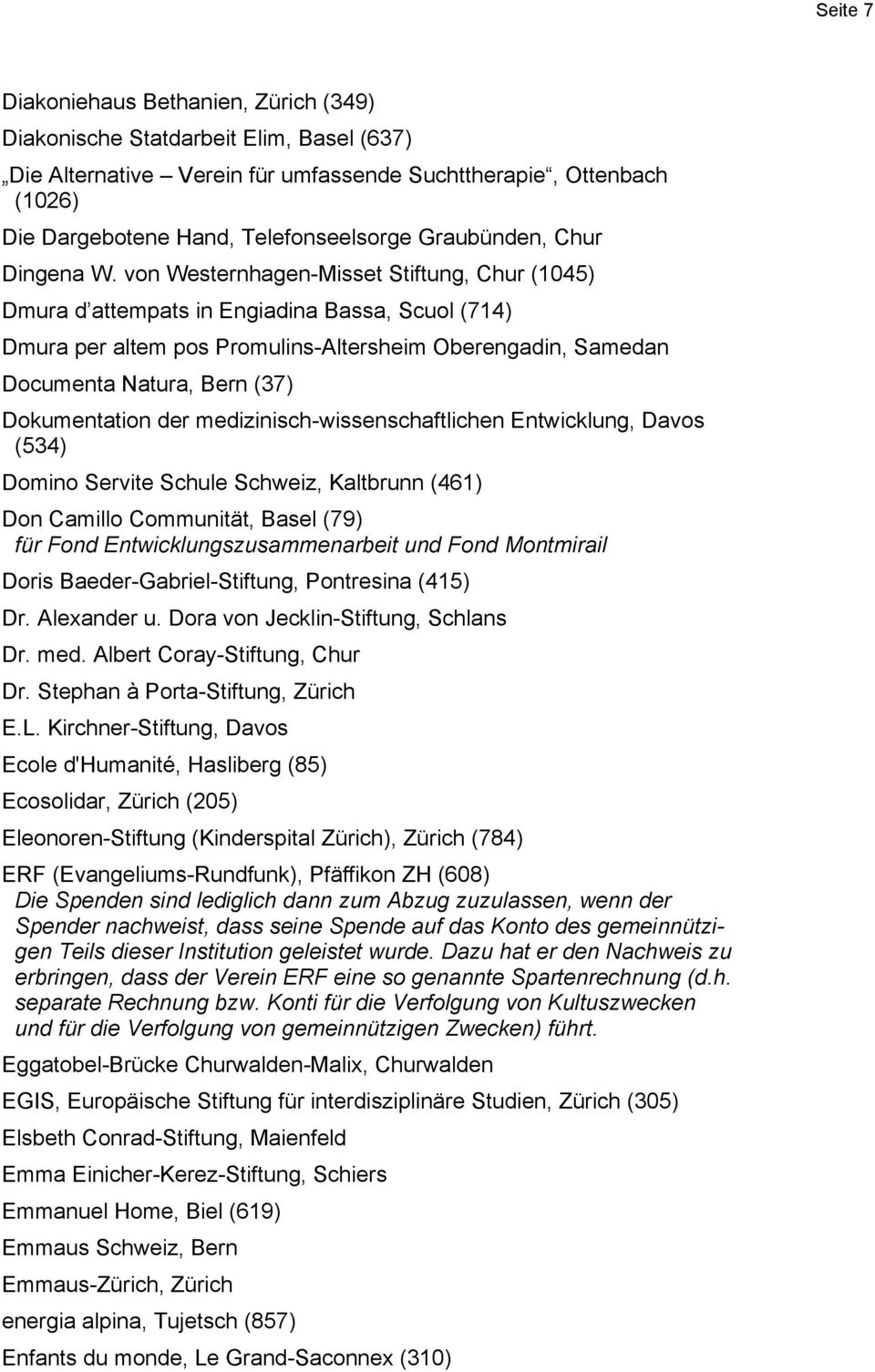 von Westernhagen-Misset Stiftung, Chur (1045) Dmura d attempats in Engiadina Bassa, Scuol (714) Dmura per altem pos Promulins-Altersheim Oberengadin, Samedan Documenta Natura, Bern (37) Dokumentation