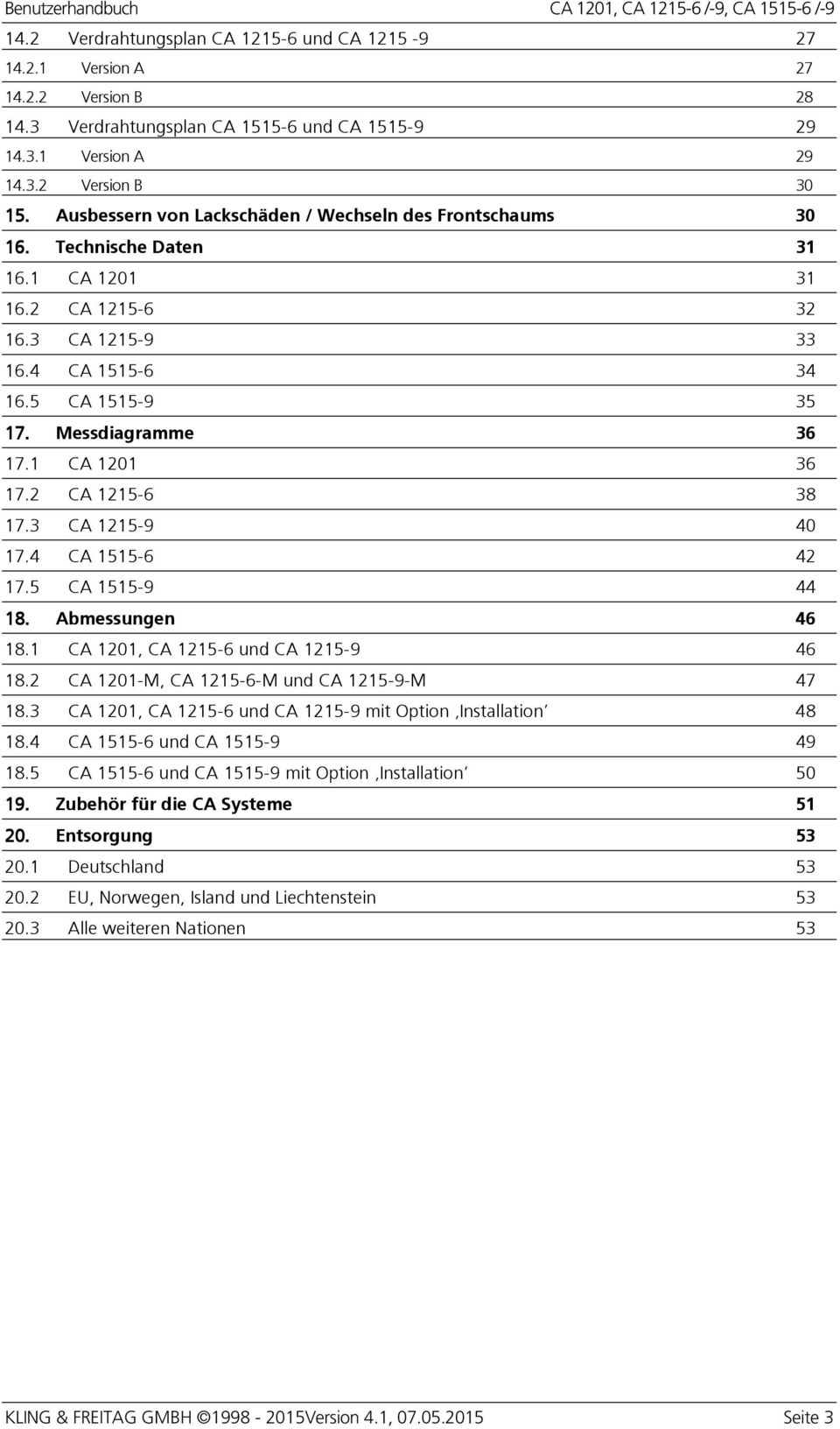 1 CA 1201 36 17.2 CA 1215-6 38 17.3 CA 1215-9 40 17.4 CA 1515-6 42 17.5 CA 1515-9 44 18. Abmessungen 46 18.1 CA 1201, CA 1215-6 und CA 1215-9 46 18.2 CA 1201-M, CA 1215-6-M und CA 1215-9-M 47 18.