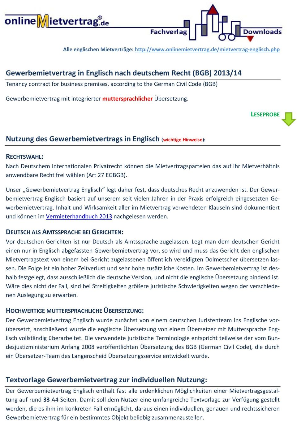 Gewerbemietvertrag In Englisch Nach Deutschem Recht Bgb 201314 Pdf