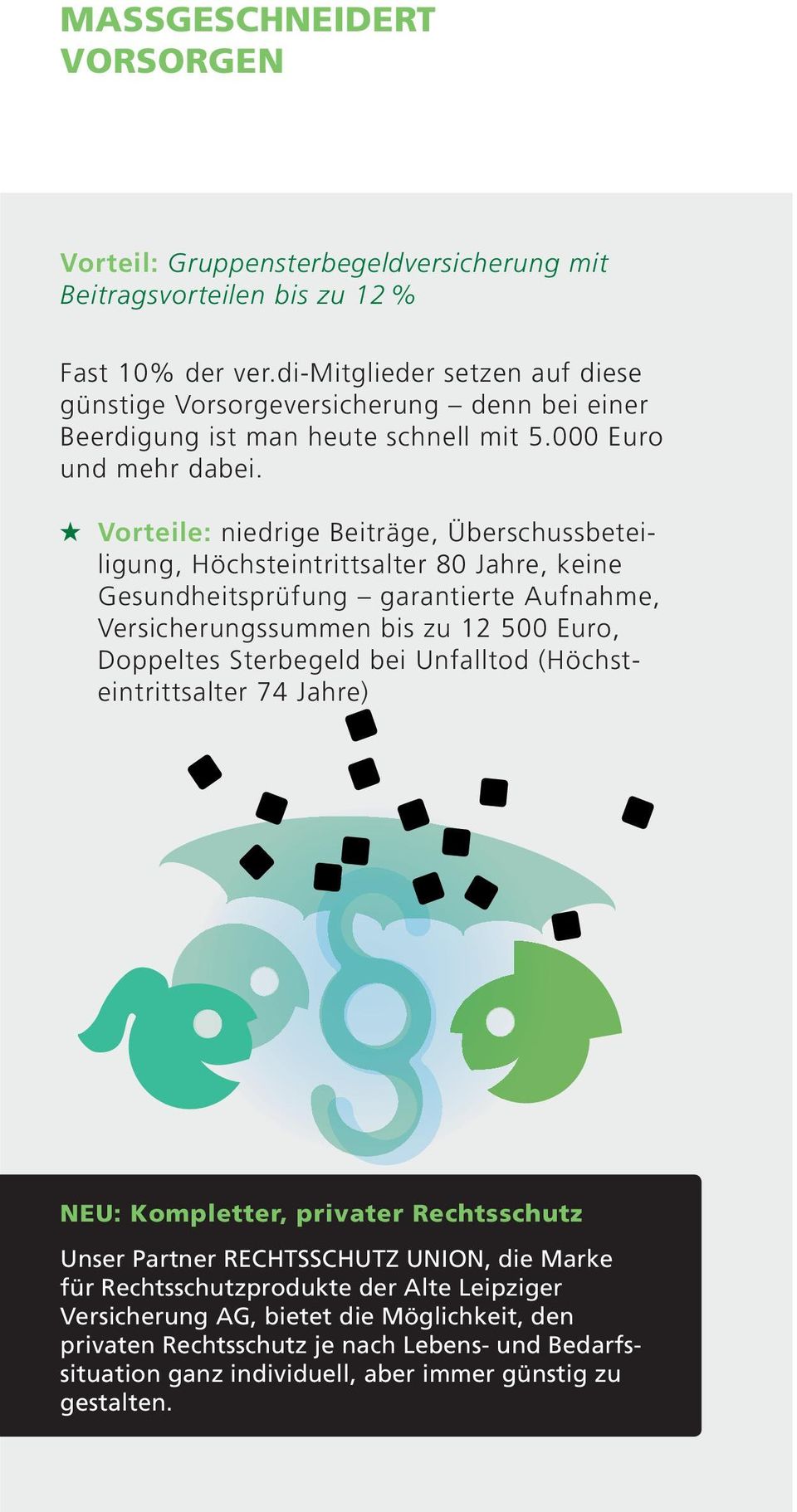 Vorteile: niedrige Beiträge, Überschussbeteiligung, Höchsteintrittsalter 80 Jahre, keine Gesundheitsprüfung garantierte Aufnahme, Versicherungssummen bis zu 12 500 Euro, Doppeltes Sterbegeld