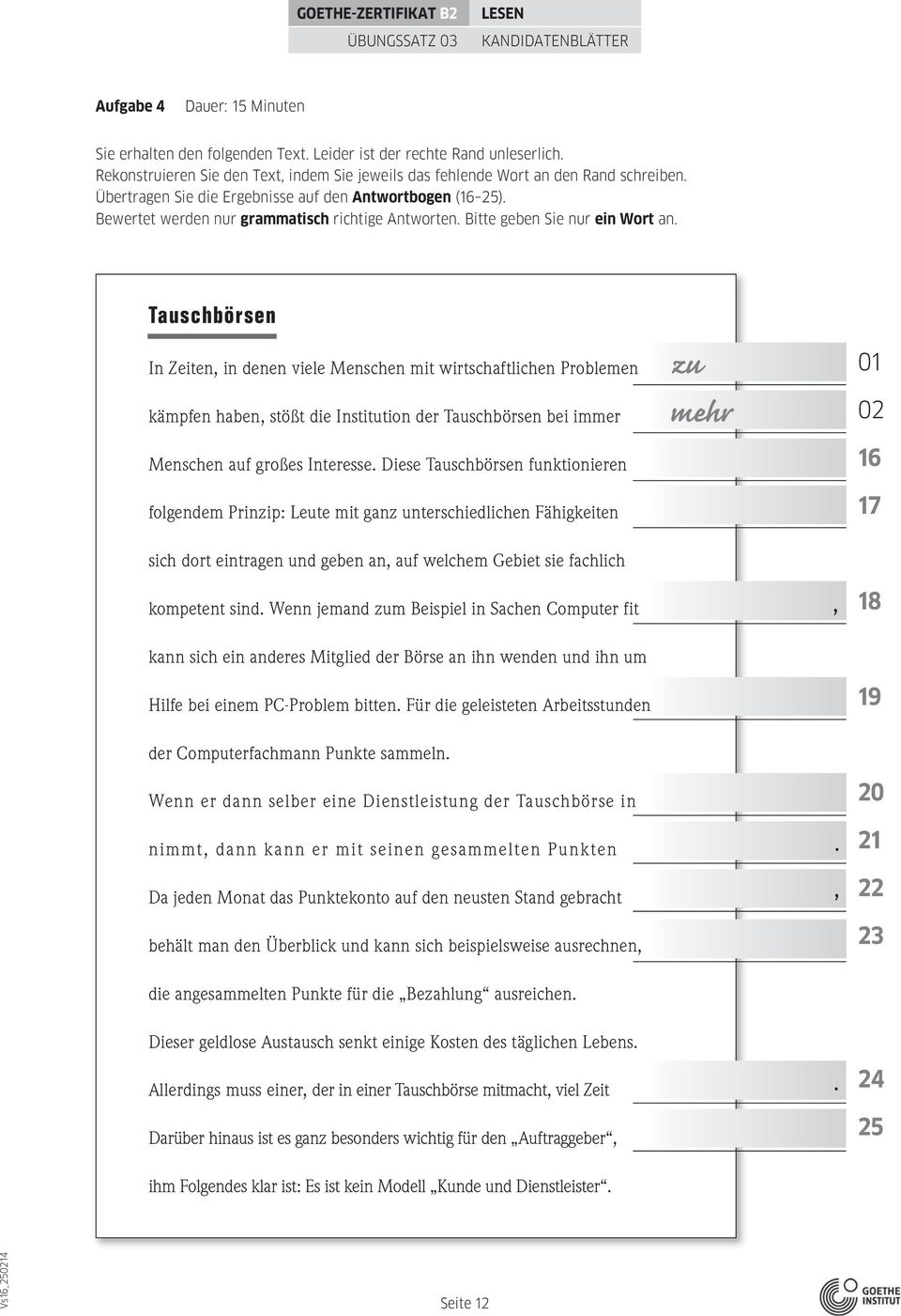 Goethe Zertifikat B2 Ubungssatz 03 Kandidatenblatter Pruferblatter Pdf Kostenfreier Download