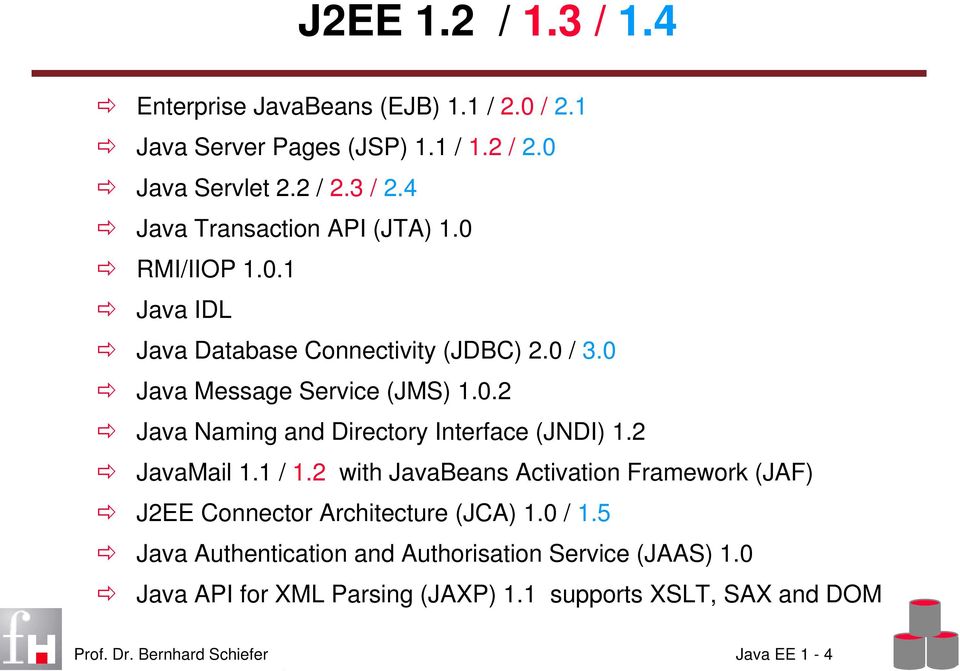 2 JavaMail 1.1 / 1.2 with JavaBeans Activation Framework (JAF) J2EE Connector Architecture (JCA) 1.0 / 1.