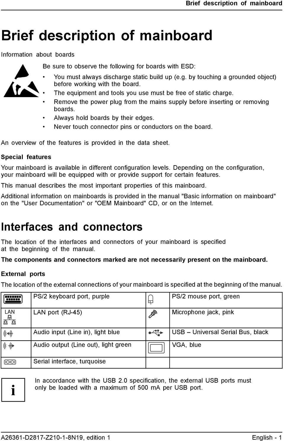 Never touch connector pins or conductors on the board. An overview of the features is provided in the data sheet. Special features Your mainboard is available in different configuration levels.