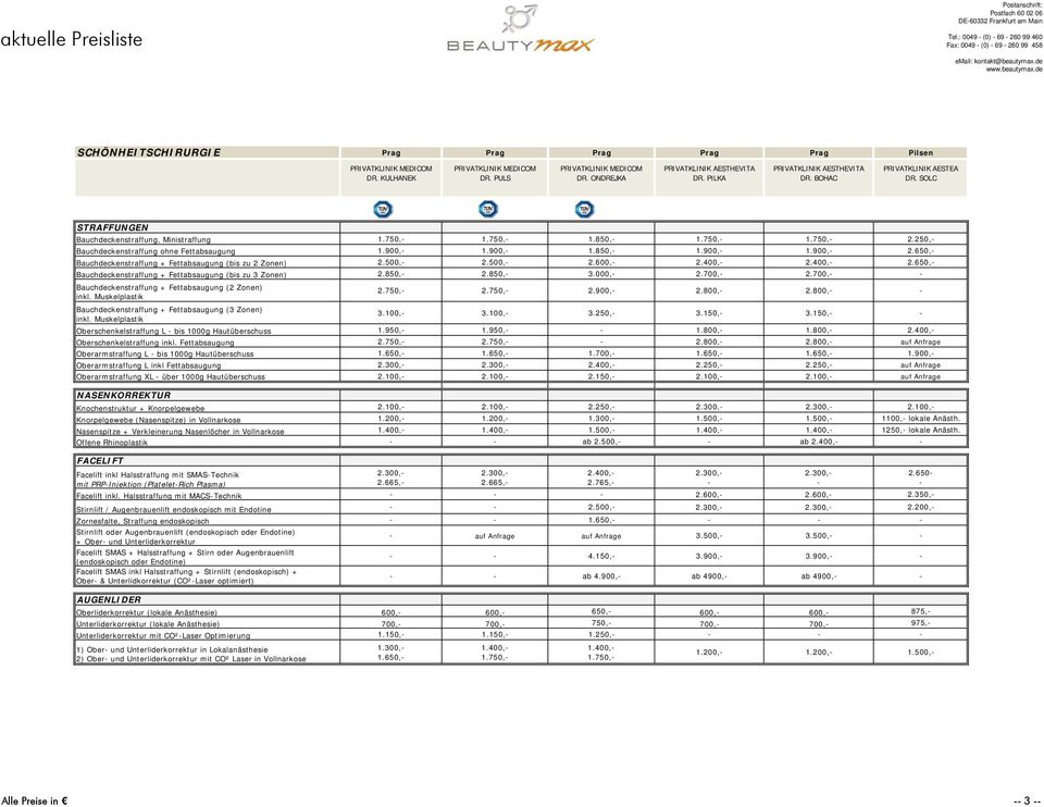 400, 2.650, Bauchdeckenstraffung + Fettabsaugung (bis zu 3 Zonen) 2.850, 2.850, 3.000, 2.700, 2.700, Bauchdeckenstraffung + Fettabsaugung (2 Zonen) inkl.