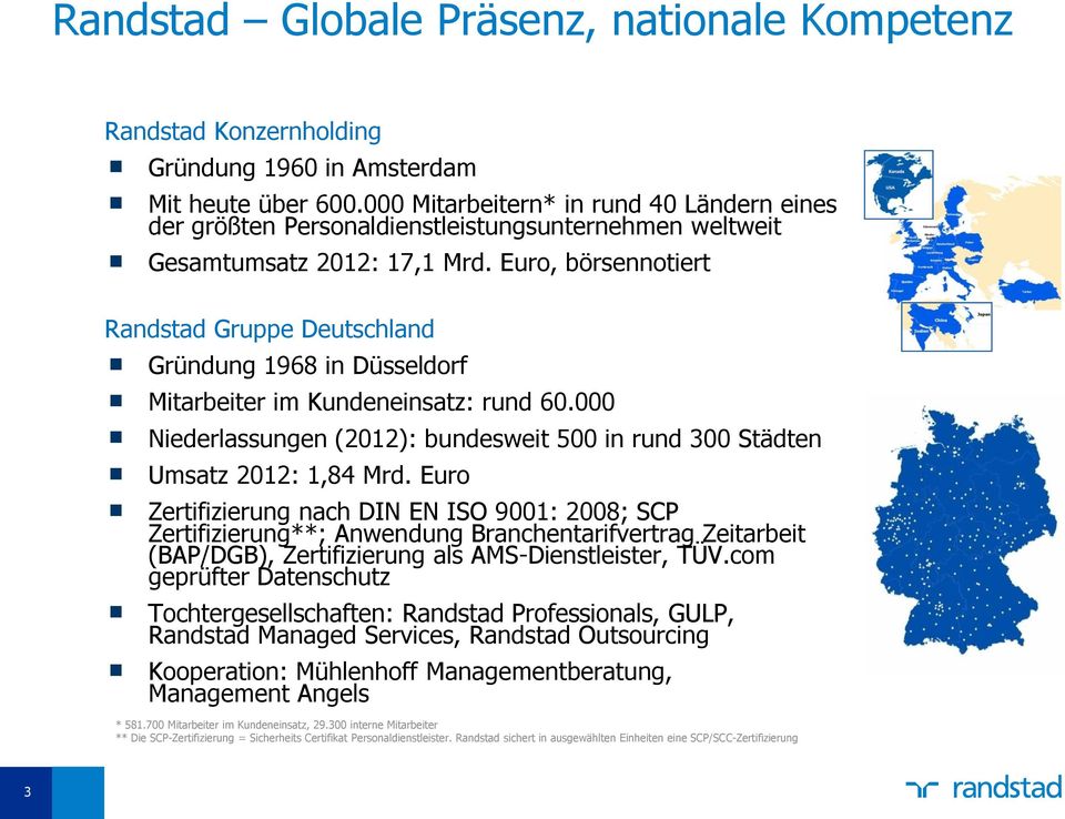 Euro, börsennotiert Randstad Gruppe Deutschland Gründung 1968 in Düsseldorf Mitarbeiter im Kundeneinsatz: rund 60.000 Niederlassungen (2012): bundesweit 500 in rund 300 Städten Umsatz 2012: 1,84 Mrd.